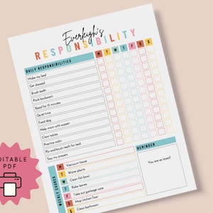 Verantwortung Aufgabentabelle für Kinder Vollständig bearbeitbar Täglich Wöchentlich Routine Belohnungssystem Personalisierte druckbare Aufgabenliste Kind Homeschool PDF