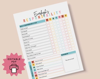 Responsibility Chore Chart for Kids Fully Editable Daily Weekly Routine Reward System Personalized Printable To Do List Child Homeschool PDF