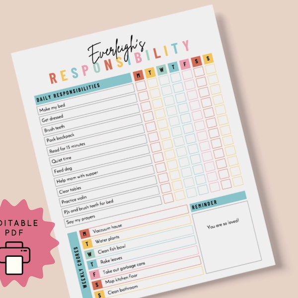 Responsibility Chore Chart for Kids Fully Editable Daily Weekly Routine Reward System Personalized Printable To Do List Child Homeschool PDF