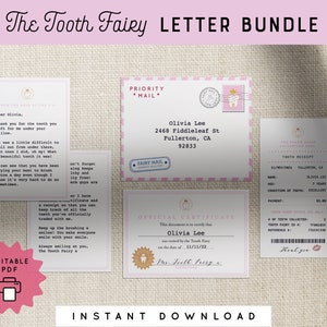 Tooth Fairy Pink Letter Kit Bundle Mini Set Printable Editable Certificate Receipt Envelope Personalized Kids PDF