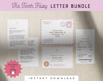 Tooth Fairy Pink Letter Kit Bundle Mini Set Printable Editable Certificate Receipt Envelope Personalized Kids PDF