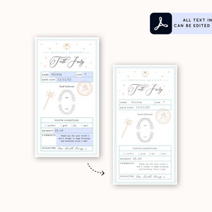 Op de afbeelding: Twee tandfee-ontvangstbewijzen met een lichtblauw en goudkleurig ontwerp. De ontvangstbewijzen bevatten de tekst "Offici&euml;le Ontvangstbewijs Tandfee", een ruimte voor de naam, leeftijd en datum van het kind en een sectie voor de toestand van de tand.