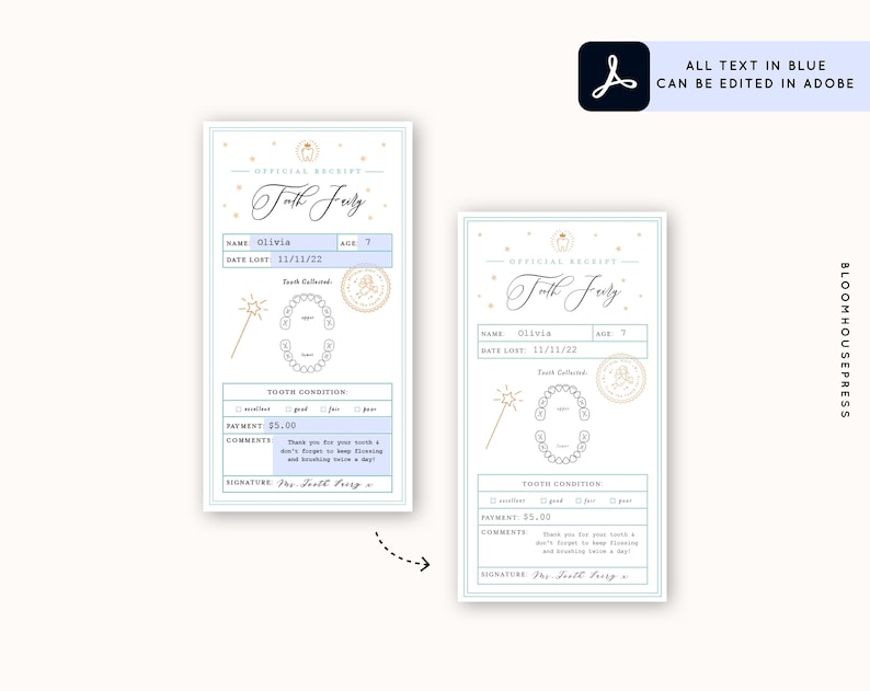 Op de afbeelding: Twee tandfee-ontvangstbewijzen met een lichtblauw en goudkleurig ontwerp. De ontvangstbewijzen bevatten de tekst "Offici&euml;le Ontvangstbewijs Tandfee", een ruimte voor de naam, leeftijd en datum van het kind en een sectie voor de toestand van de tand.