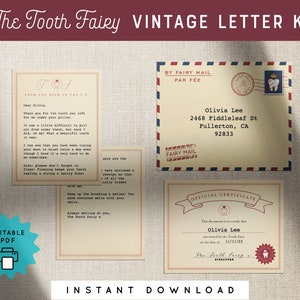 Vintage Tooth Fairy Letter Kit Bundle Mini Set Imprimible Editable Certificado Sobre Personalizado Niños PDF