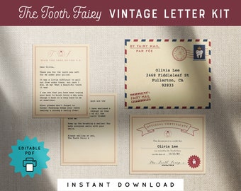 Vintage Tooth Fairy Letter Kit Bundle Mini Set Printable Editable Certificate Envelope Personalized Kids PDF