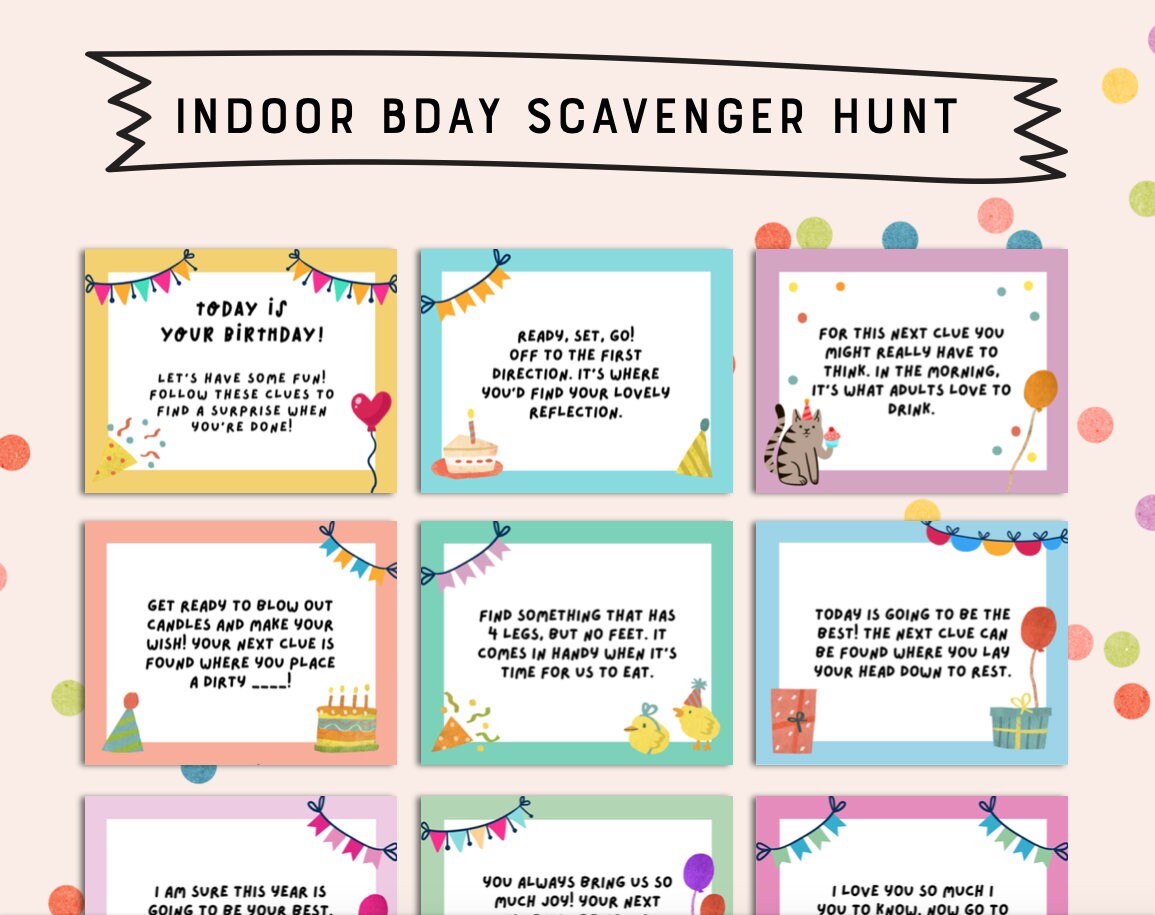 Indoor Birthday Scavenger Hunt Editable Game Cards Party Game Treasure ...