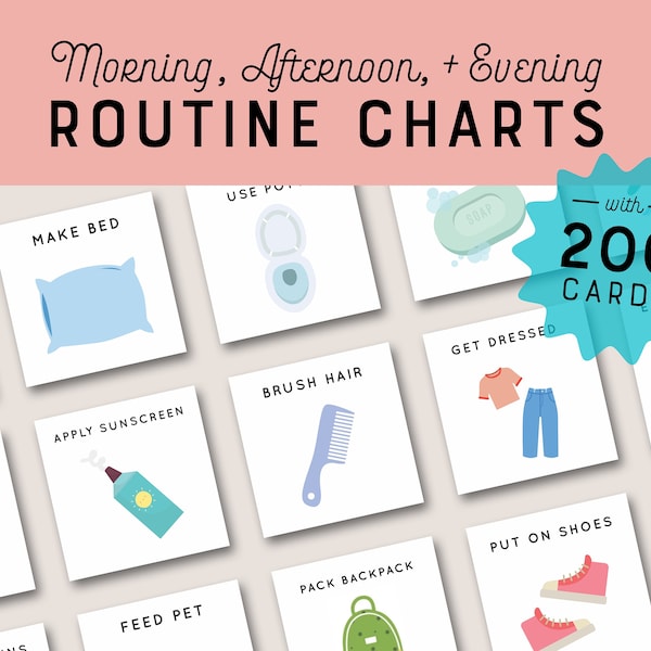Daily Visual Routine Chart with Cards Morning Afternoon Evening Schedule for Kids Toddler Editable Printable Rhythm Chore Chart Pictures