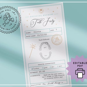 Editable Tooth Fairy Receipt Printable Certificate Tooth Record Chart Official Visit First Tooth Lost Tooth Report