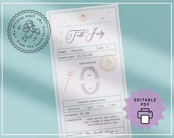 Editable Tooth Fairy Receipt Printable Certificate Tooth Record Chart Official Visit First Tooth Lost Tooth Report