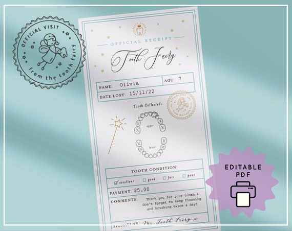 Editable Tooth Fairy Receipt: Printable Certificate (PDF)