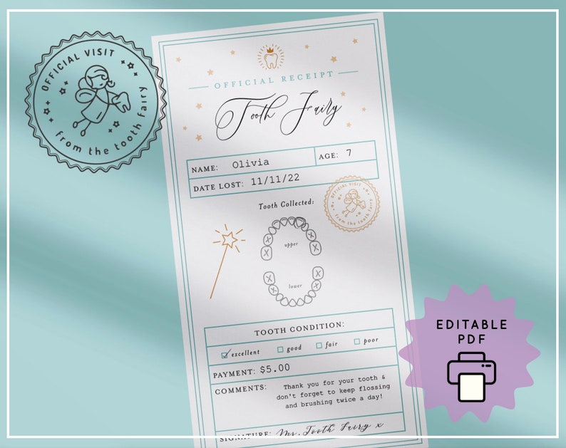 Op de afbeelding: Een Tandfee-ontvangstbewijs met de tekst "OFFICIAL RECEIPT - Tooth Fairy" en het zegel "OFFICIAL VISIT from the tooth fairy". De bon bevat velden voor naam, leeftijd, datum verloren, tandconditie en betaling. De tekst "EDITABLE PDF" is ook aanwezig.