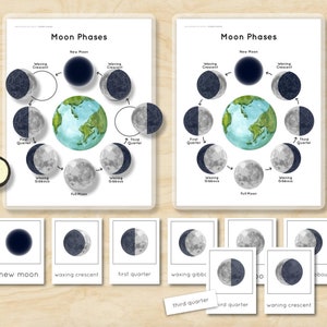 Hoja de trabajo de fases lunares Paquete de coincidencia Montessori Fases lunares Tarjetas de 3 partes Tarjetas didácticas Vocabulario Nomenclatura Carpeta ocupada Actividad PDF Niños