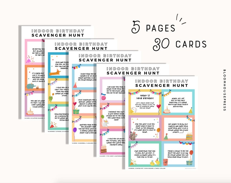 Indoor Birthday Scavenger Hunt Editable Game Cards Party Game Treasure ...