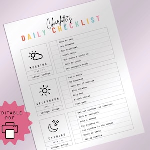 Daily Checklist Chore Chart for Kids Responsibility Chart My Daily Routine To Do List Personalized Planner Printable Editable Homeschool PDF