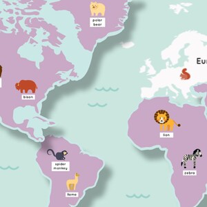 Op de afbeelding: Een kleurrijke wereldkaart met verschillende dieren van over de hele wereld. De kaart is verdeeld in continenten met een lichtpaarse achtergrond. De dieren omvatten een ijsbeer, een grizzlybeer, een bizon, een spinapen, een lama, een leeuw, een zebra en een eekhoorn.
