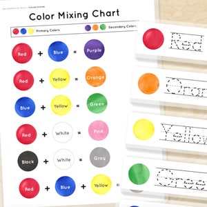 Tabla de mezcla de colores, tarjetas didácticas para rastrear nombres de colores y tapete para masa de juego para mezclar colores, hoja de trabajo de aprendizaje de colores primarios y secundarios, PDF para niños