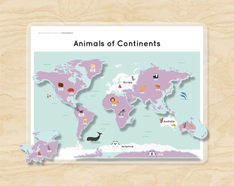Op de afbeelding: Een kleurrijke wereldkaart met dieren van verschillende continenten. De kaart toont dieren zoals een ijsbeer, een leeuw, een kangoeroe en een pingu&iuml;n. De tekst "Animals of Continents" staat bovenaan de kaart.