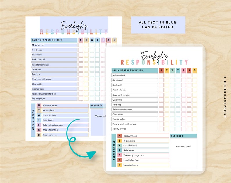 Responsibility Chore Chart for Kids Fully Editable Daily Weekly Routine Reward System Personalized Printable To Do List Child Homeschool PDF image 4