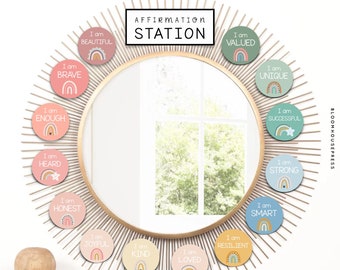 Boho Regenbogen Affirmation Station: Spiegelkarten, Klassenzimmer Dekor (bearbeitbar, druckbar)