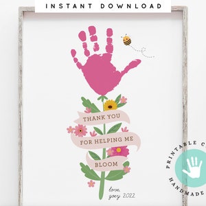 Arte con huellas de manos para niños, regalo para abuelas, abuelos, maestros, cumpleaños, agradecimiento, recuerdo de flores personalizado, tarjeta imprimible para niños pequeños