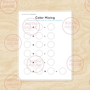May include: A printable worksheet with the title "Color Mixing". The worksheet has five rows of circles with plus signs between them. The circles are empty and ready to be colored in.