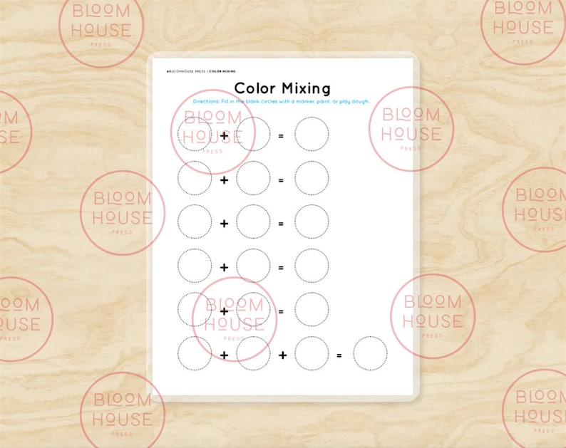 May include: A printable worksheet with the title "Color Mixing". The worksheet has five rows of circles with plus signs between them. The circles are empty and ready to be colored in.