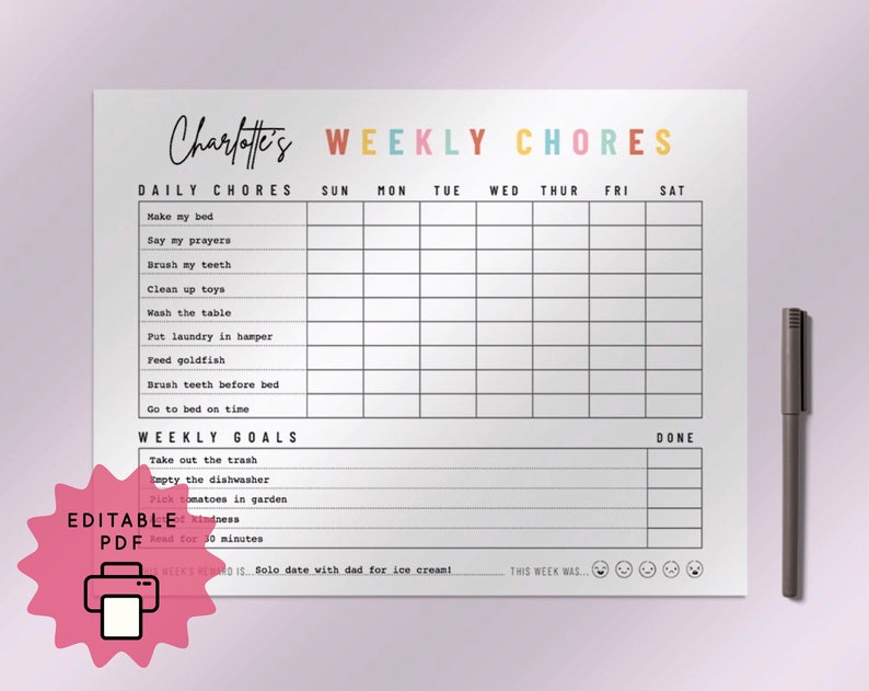 Weekly Daily Chore Chart for Kids Responsibility Chart Homeschool My Responsibilities Personalized Planner Printable Editable PDF image 1