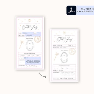 May include: A printable tooth fairy receipt template with a gold tooth fairy design. The template includes fields for the child's name, age, date the tooth was lost, tooth condition, payment, comments, and signature. The text is in blue and can be edited in Adobe.