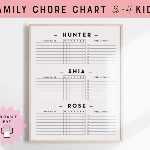 Family Weekly To Do Chore Chart for Multiple Kids 2, 3, 4 Kids Chart Editable Customizable Daily Schedule Checklist Printable Routine