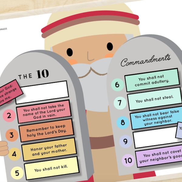 Ten Commandments Worksheet Catholic & Protestant Sunday School Christian Homeschool Bible Verse Memory Game Kindergarten Printable Kids PDF