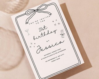 21st Birthday invitation, Elegant bows birthday invite, simple and cute invitation