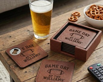 Engraved Football Coaster Bottle Opener Set Super Bowl Party Decor Man Cave Gift For Him Durable Water Resistant Barware