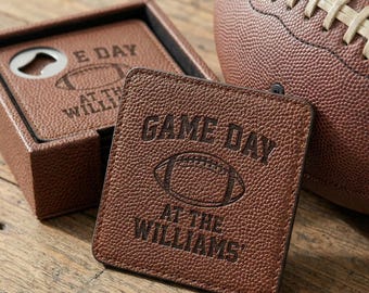 Personalized Football Leatherette Coaster Set With Holder Game Day Hosting Gift Custom Family Name Housewarming Present