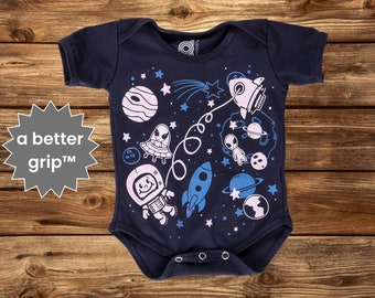 Outer Space - Grip-a-Baby™ Non-Slip Infant Bodysuit - grippy baby clothing - luxurious infant Gripsuit™ features grippy gel-ink graphics