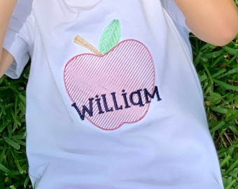 Apple Embroidered Shirt with Red Gingham Shorts, Boys Back to School Outfit, Personalized Kids Clothes, Preschool Boy's Shirt,