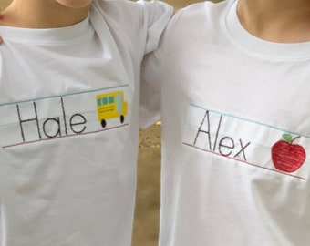Personalized Handwriting Shirt with Blue Windowpane Checked Shorts, choice of Apple or School Bus, Boys Back to School Outfit, Twin Outfits