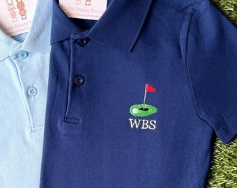 SNEL en GRATIS verzonden - Gepersonaliseerde golfpolo of T-shirt voor jongens - golfgroen geborduurde revers - lange of korte mouw - broek of shorts optioneel