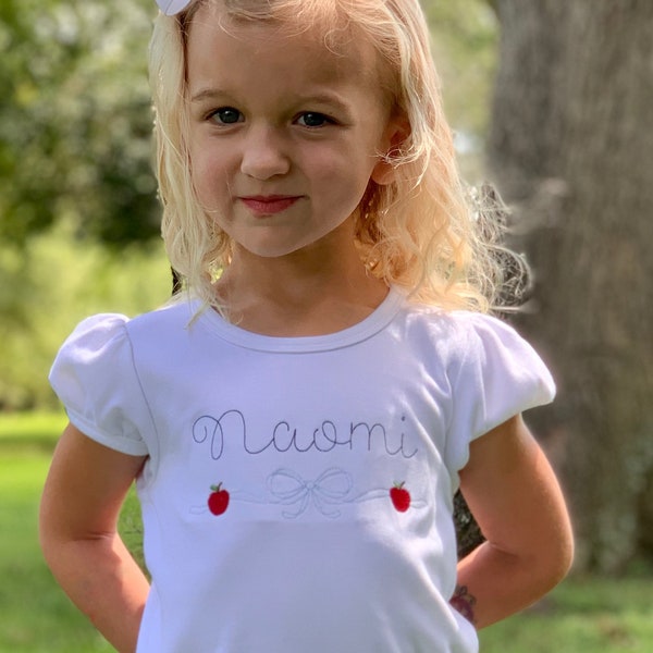 Personalized Classic Apple Ribbon Ruffle Shirt with Red Gingham Seersucker Shorts, First day of Preschool Outfit