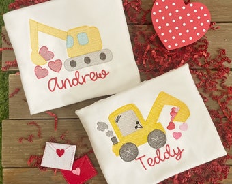 Ships fast and FREE! Choose Your Fave! Valentine's Day Excavator Backhoe Embroidered Shirt for Boys - Baby Toddler - Optional Pants Shorts