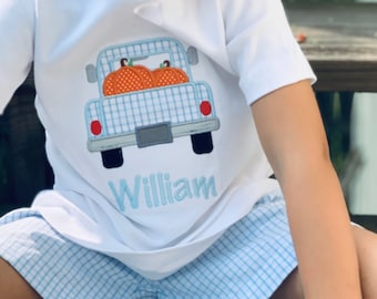 SHIPS FAST and FREE - Long or Short-Sleeve - Personalized Vintage truck with pumpkins appliqué shirt with optional matching shorts or pants