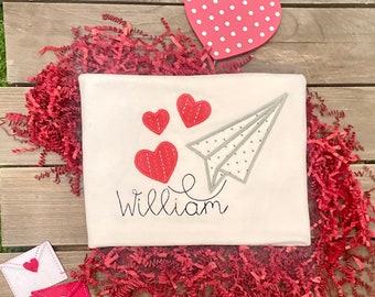 Personalized Valentine's Day Shirt: Hearts & Airplane Applique