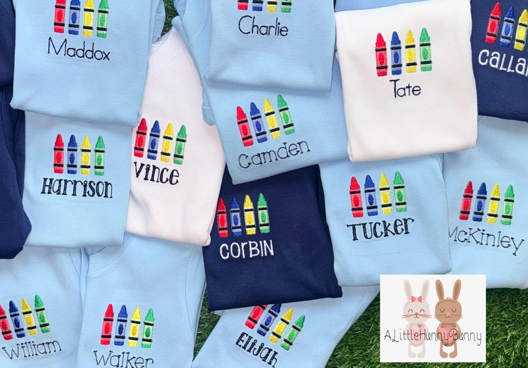 New Colors! Ships FAST Restocked - Personalized Crayon Embroidered Back to School Shirt Op