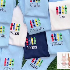 New Colors! Ships FAST Restocked - Personalized Crayon Embroidered Back to School Shirt Optional Gingham Shorts - Infant Toddler Youth Size image 1