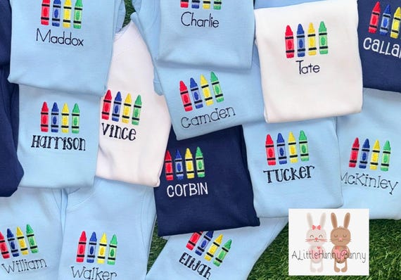 New Colors! Ships FAST Restocked - Personalized Crayon Embroidered Back to School Shirt  Optional Gingham Shorts - Infant Toddler Youth Size