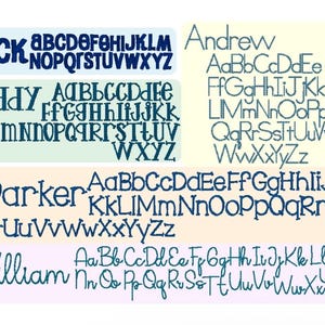 May include: A collection of four distinct embroidery font styles displayed on rectangular backgrounds. Each style features a sample name like Jack, Teddy, Andrew, Parker, or William, followed by the complete uppercase and lowercase alphabet.