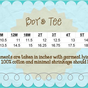 May include: A size chart for boys' tees, showing chest width and length measurements in inches for sizes 6M to 8. The chart is on a light blue background with a brown border.