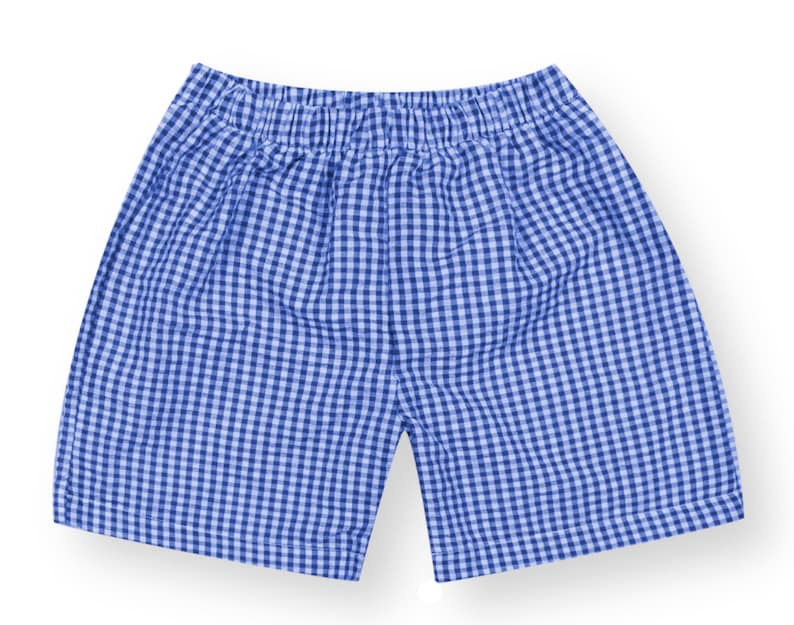 May include: A pair of shorts featuring a blue and white gingham checkered pattern. The shorts have an elasticized waistband and a straight-leg cut, constructed from a lightweight fabric with a consistent grid design throughout the garment.