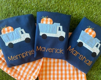 Ships FREE and FAST - Romper or Tee - Baby Toddler Little Boys Pumpkin Dump Truck - long sleeve short sleeve - optional shorts or pants