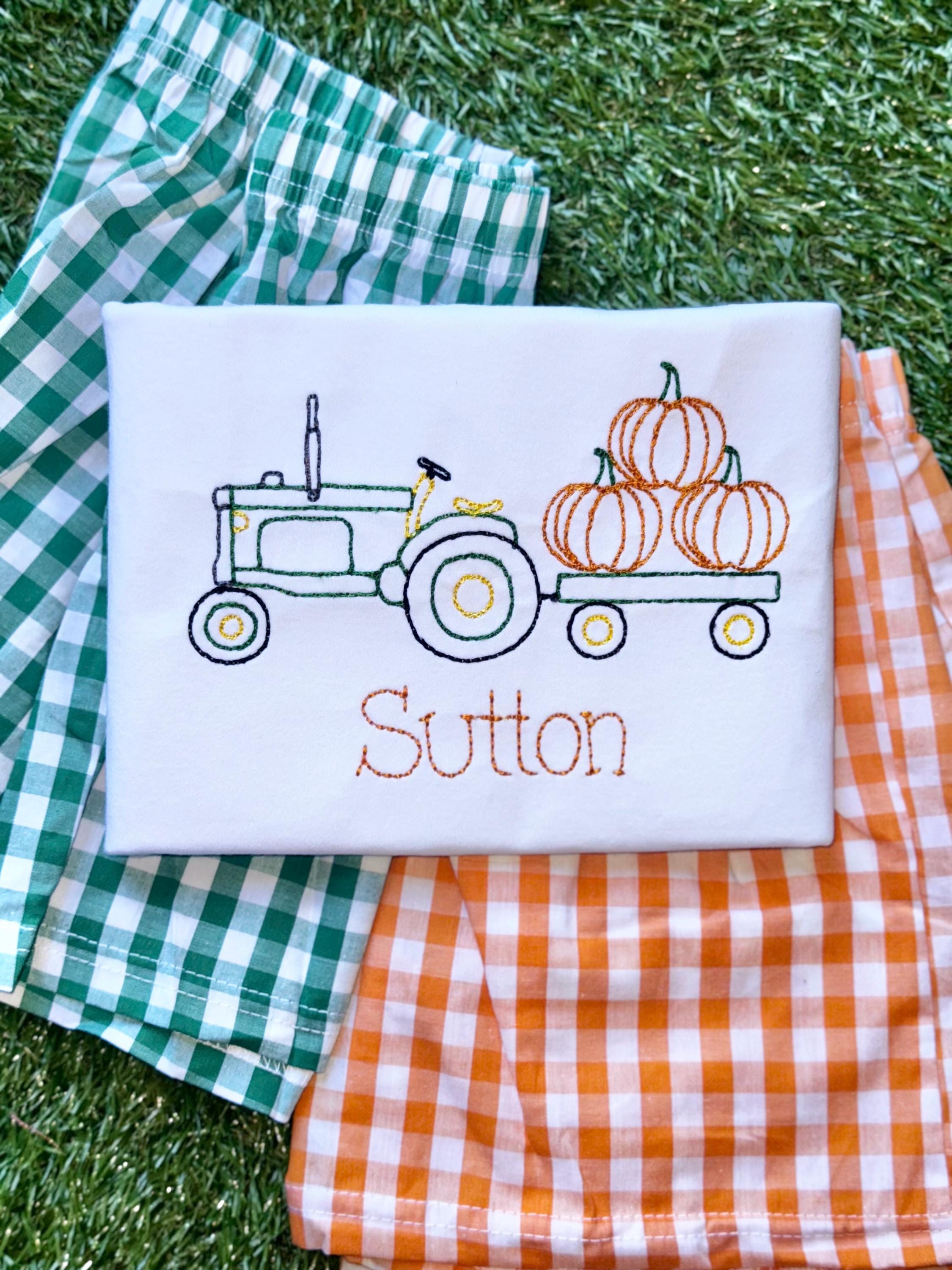 SHIPS FREE and FAST - Long/Short Sleeve - Personalized Pumpkin Tractor Vintage Embroidered Shirt optional Pants/Shorts - Pumpkin Patch Shirt