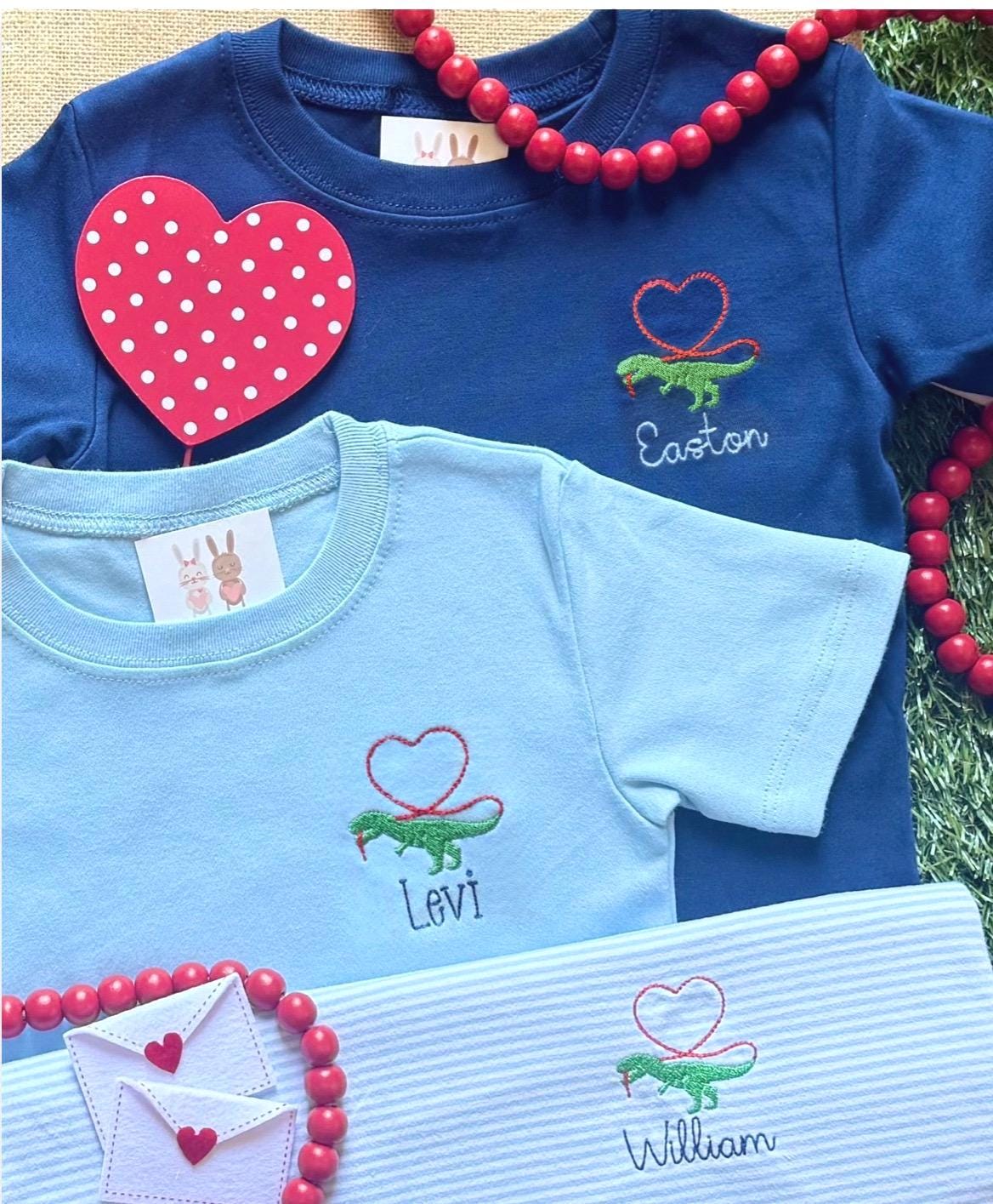 SHIPS FAST! Valentine's Day Dinosaur Personalized Embroidered Lapel Shirt - Long Short Sleeve - Optional Pants Shorts - Infant Toddler Boys